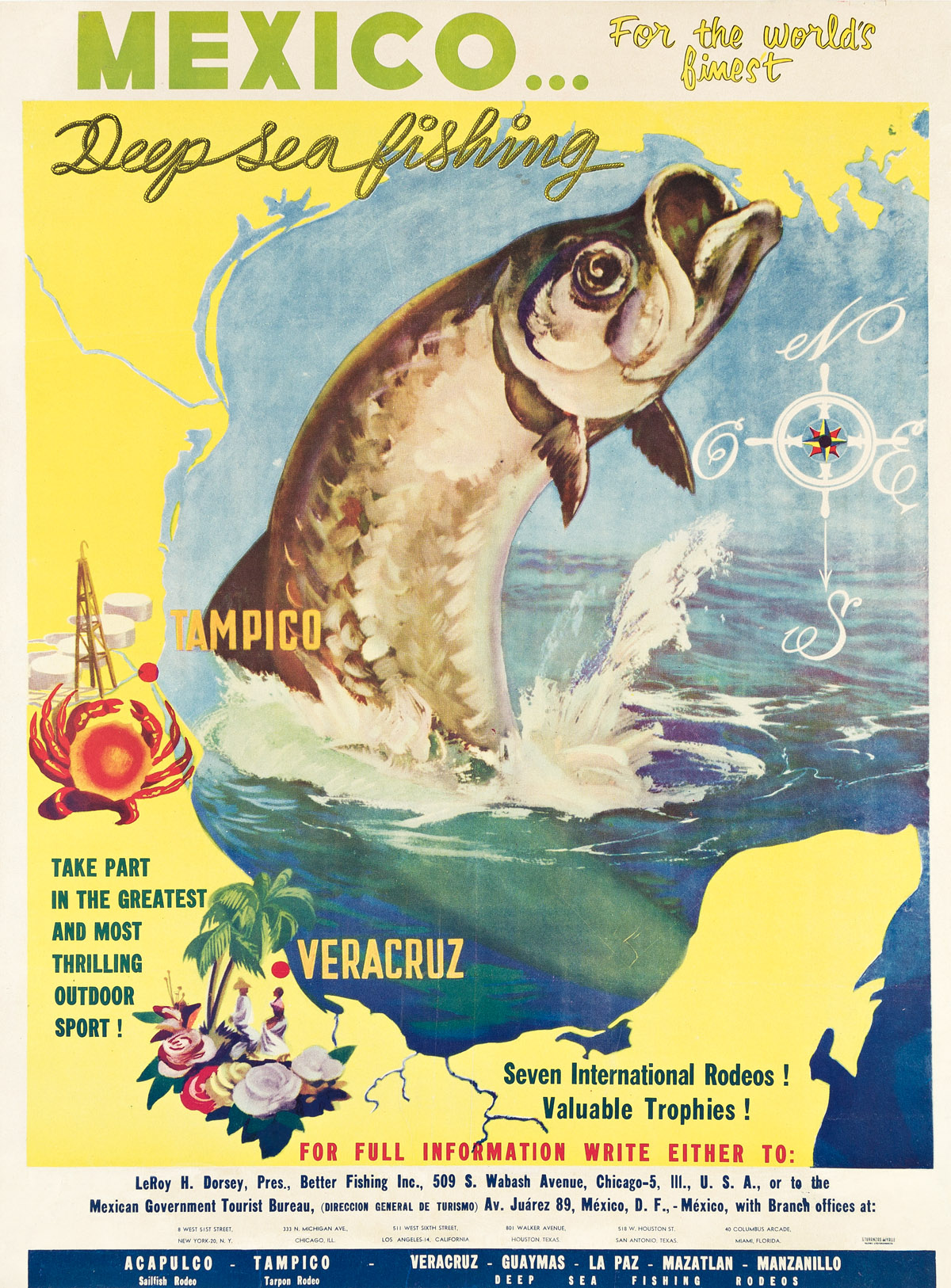DESIGNER UNKNOWN.  MEXICO . . . FOR THE WORLDS FINEST DEEP SEA FISHING. Circa 1950s. 36x27 inches, 91½x68½ cm. S. Turanzas del Valle,